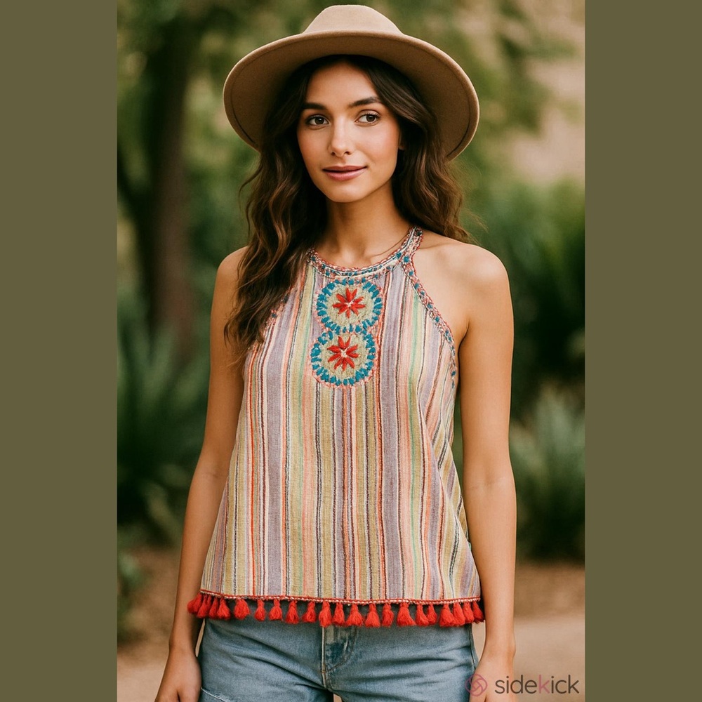 Savanna Jane Boho Striped Embroidered Halter Top with Tassel Trim